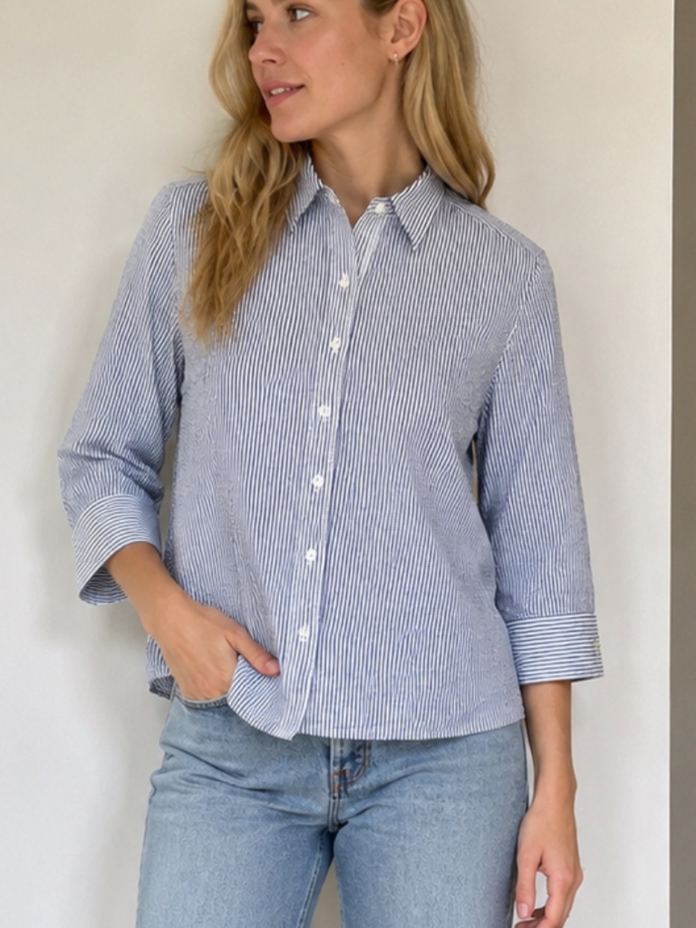L.L. Bean Blue White Seersucker Button Down Shirt Cotton Small